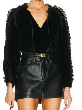 Ulla Johnson Black Silk Velvet Blouse Lisbeth 10 Ruffle Romantic Fall Large